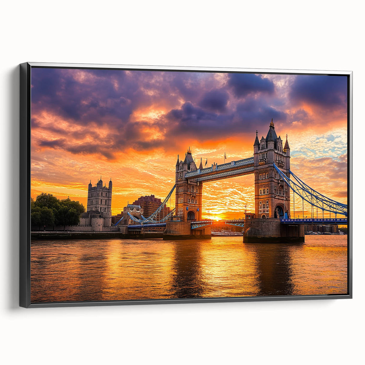 Framed canvas artwork depicting a stunning landscape bridge in a black frame, showcasing intricate details and vibrant colors, perfect for home decor.
