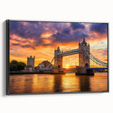 Framed canvas artwork depicting a stunning landscape bridge in a black frame, showcasing intricate details and vibrant colors, perfect for home decor.