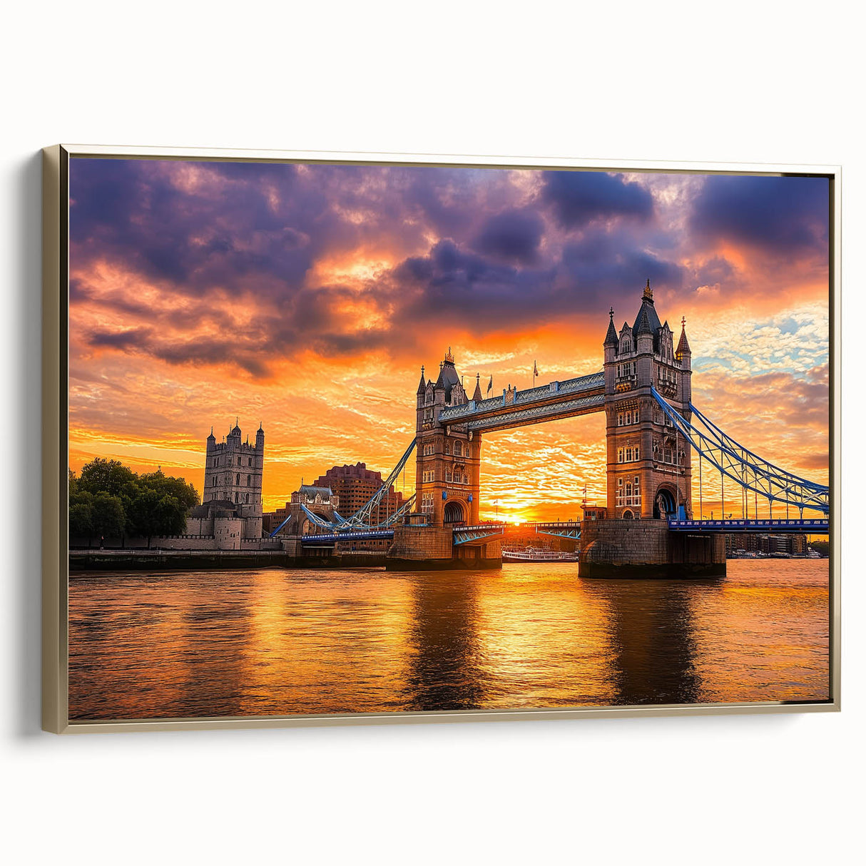 Framed canvas art depicting a landscape bridge in gold tones, showcasing intricate details and textures, ideal for enhancing home decor with a touch of elegance.