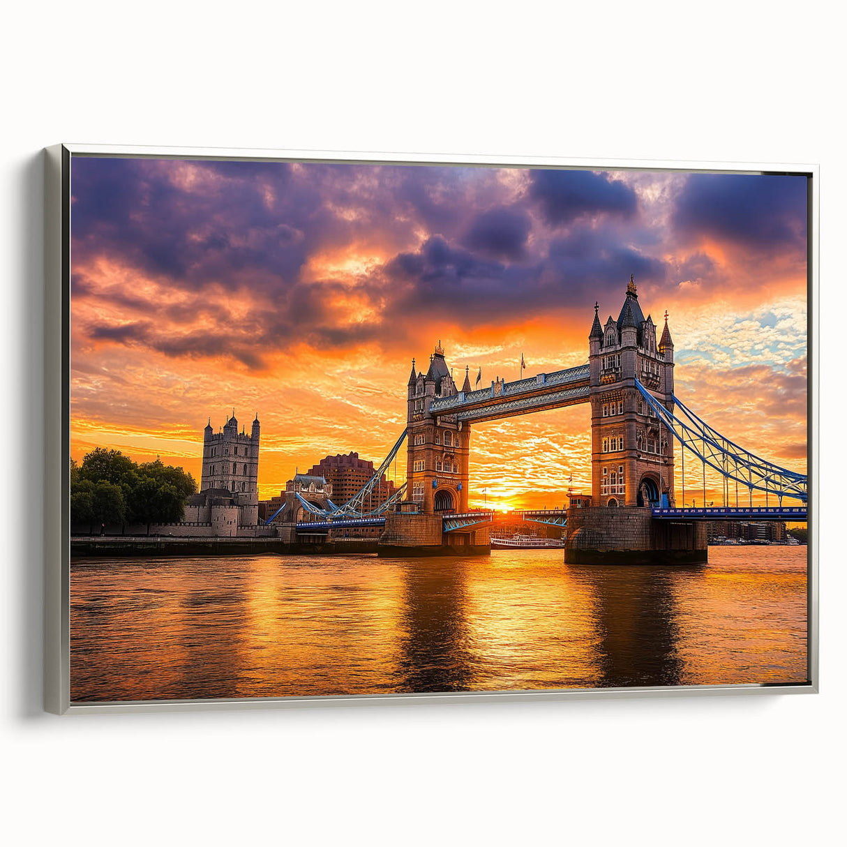 Framed canvas artwork depicting a landscape bridge scene, featuring silver accents and a side view, ideal for modern home decor or art collections.