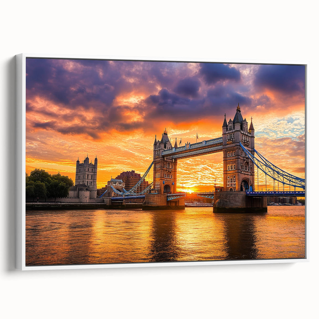 Framed canvas artwork of a serene landscape bridge scene, showcasing vibrant colors and intricate details, perfect for enhancing home decor with a natural touch.