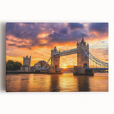 Stretched canvas artwork depicting a serene landscape bridge scene at sunset, showcasing vibrant colors and intricate details, perfect for home décor.