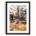 Extra large abstract art print of colorful, textured fall foliage on a black framed canvas, ideal for living room decor.