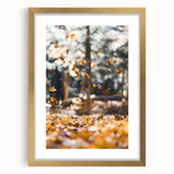 Extra large abstract art print with textured autumn hues on a gold-framed canvas, ideal for living room decor.