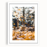 Abstract art print featuring warm autumnal hues on a white framed canvas, ideal for dining room or bedroom decor.