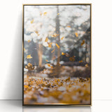 Mid-century modernist autumnal trees art in a gold frame, acrylic print, suitable for nursery wall decor.