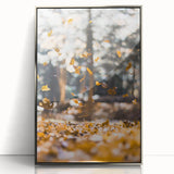 Mid-century modernist art depicting fall scenery in muted orange and brown tones on a framed acrylic print.