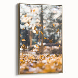 Framed canvas featuring a vintage landscape painting of autumn trees in gold and black tones, ideal for bedroom wall decor.