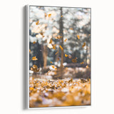 Vintage poster art of fall scenery in vibrant orange and red hues on a large framed canvas, ideal for living room decor.