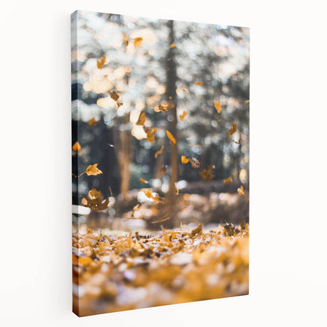 Abstract depiction of fall with warm orange and yellow tones on stretched canvas, suitable for kitchen wall art.