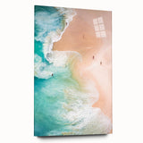 Large abstract wall art on acrylic glass featuring swirling blue and green patterns, ideal for bedroom or dining room decor.