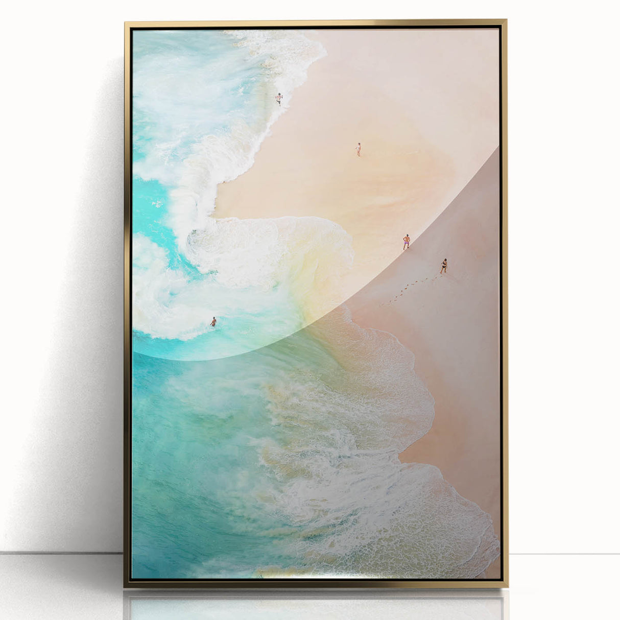 Large acrylic print of a mid-century modernist summer scene with gold frame, ideal for nursery wall decor.