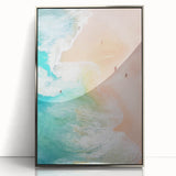 Mid-century modernist art depicting summer season in vibrant colors on a silver-framed acrylic.