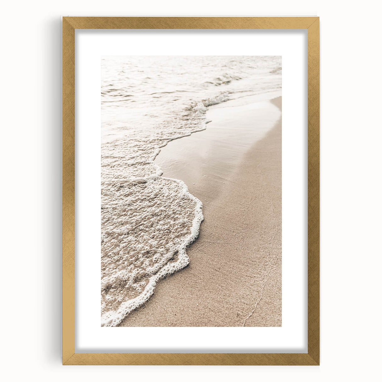 Extra large abstract art print featuring textured swirls in earthy tones on a gold-framed canvas.