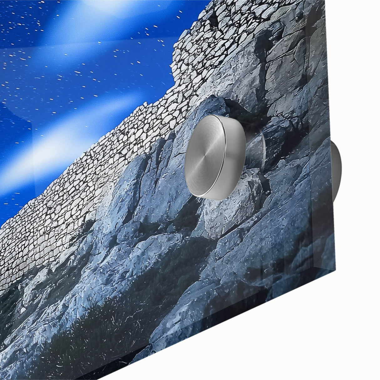Close-up of an acrylic glass artwork depicting vibrant cliffs and landscapes, showcasing rich colors and intricate textures for a stunning decorative piece.