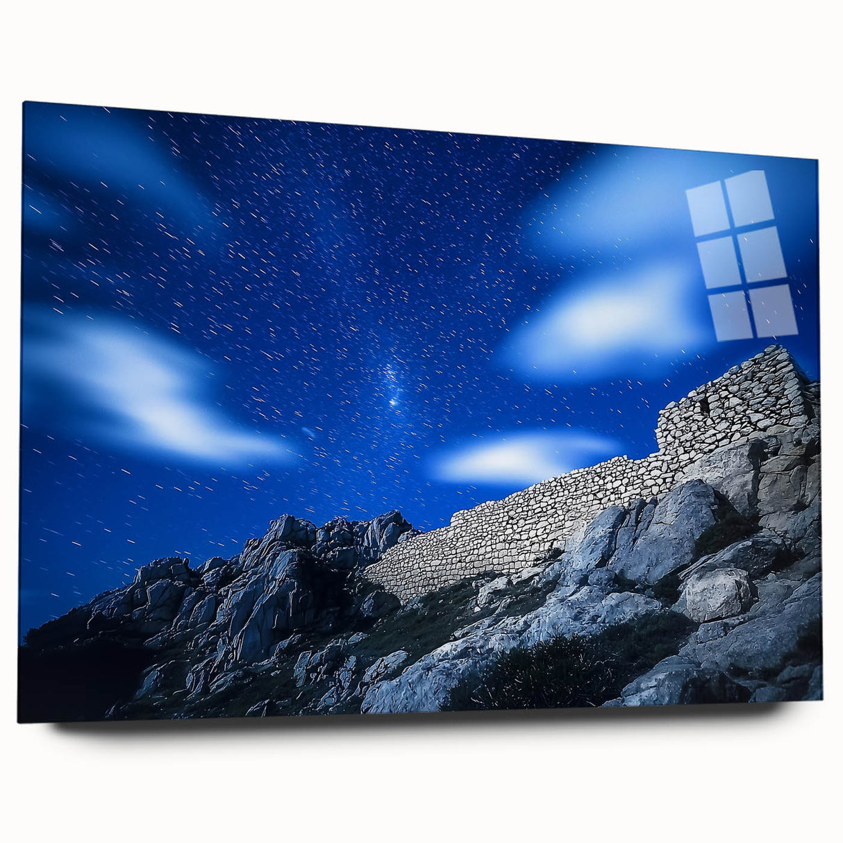 Acrylic landscape artwork depicting dramatic cliffs in vibrant colors, displayed in a side view without pins, showcasing its sleek design and modern aesthetic. Perfect for contemporary home decor, this piece adds a touch of nature-inspired elegance to any space.