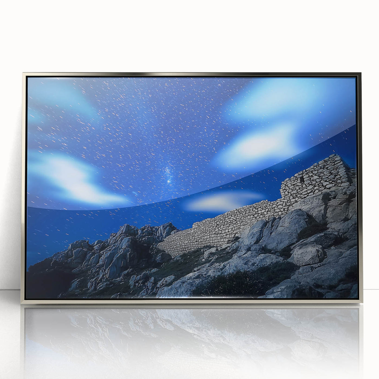 Framed acrylic artwork depicting dramatic cliffs against a serene landscape, featuring silver accents that enhance the modern decor aesthetic, ideal for home or office.