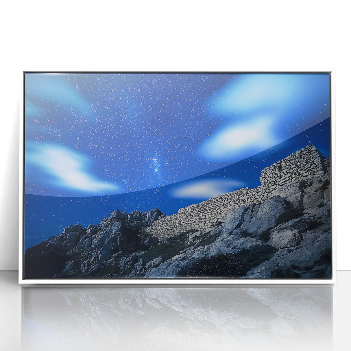 Framed acrylic artwork showcasing a vibrant landscape of cliffs under a blue sky, featuring bold colors and intricate details, perfect for modern home decor.