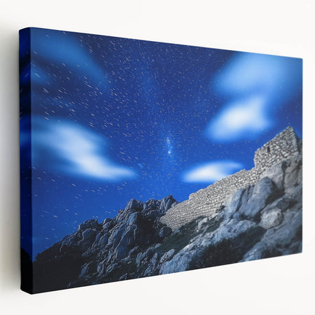 Stretched canvas artwork showcasing a dramatic cliff landscape in vibrant colors, perfect for home decor, enhancing any room's aesthetic with nature's beauty.