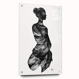 Abstract figurative artwork displayed in a sleek acrylic frame, featuring bold colors and dynamic shapes, complemented by decorative pins for an artistic touch.