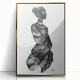 Framed abstract figurative art piece with gold accents, showcasing a unique design that blends modern and classic styles, perfect for home decor.