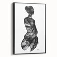 Abstract figurative framed canvas artwork showcasing a dynamic design with bold colors and shapes, displayed in a black frame, ideal for modern home decor.