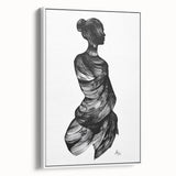 Framed abstract figurative canvas artwork featuring a minimalist design with white tones, showcasing elegant shapes and textures, ideal for modern decor.