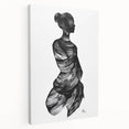 Abstract figurative stretched canvas artwork showcasing vibrant colors and dynamic shapes, viewed from the side, ideal for modern decor, adding artistic flair to any space.