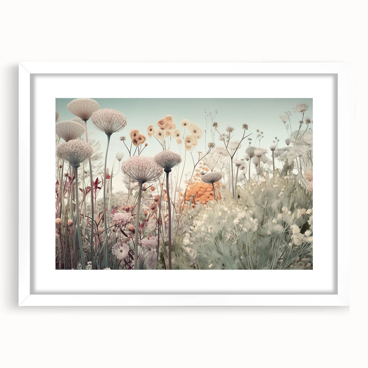 Abstract floral wall art framed in white matting, showcasing vibrant colors and intricate designs, perfect for modern home decor. Ideal for enhancing any living space with its artistic flair.