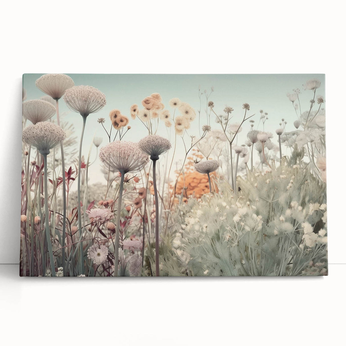 Vibrant abstract floral wall art on stretched canvas, showcasing a colorful array of flowers in shades of pink, blue, and green, perfect for modern home décor.