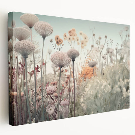Abstract floral wall art on stretched canvas showcases vibrant colors and intricate designs, ideal for modern home decor. The side view highlights its textured finish and sturdy frame, perfect for adding a touch of elegance to any room.