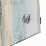 Close-up of an abstract landscape wall art piece, showcasing vibrant colors and fluid shapes on acrylic glass, perfect for modern home decor.