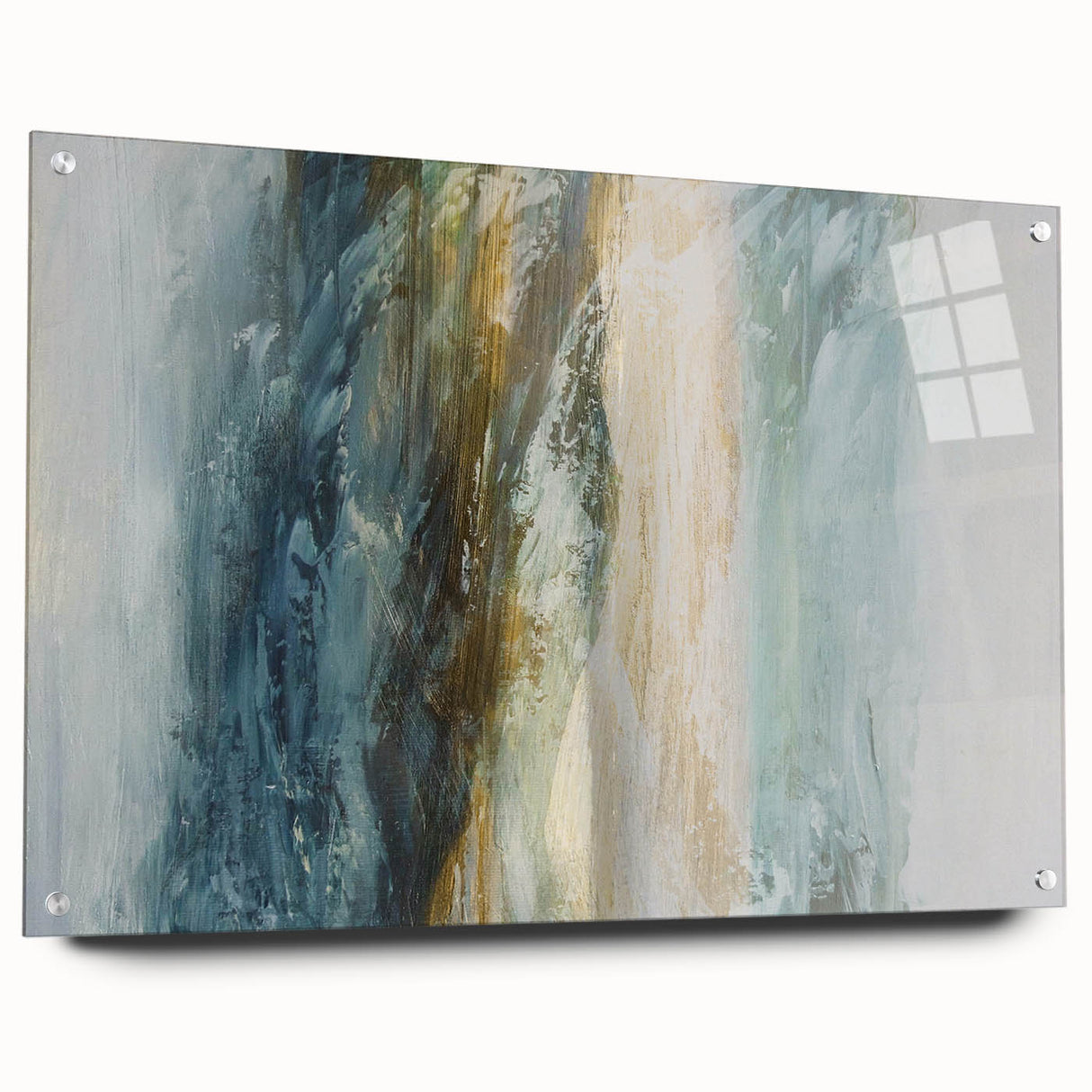 Abstract landscape wall art displayed in a sleek acrylic glass frame, showcasing vibrant colors and intricate patterns, ideal for modern home decor.