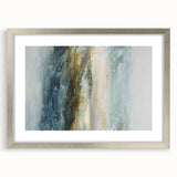 Abstract landscape wall art framed in silver, featuring muted tones of blue and gray, enhancing modern decor with a touch of elegance and sophistication.