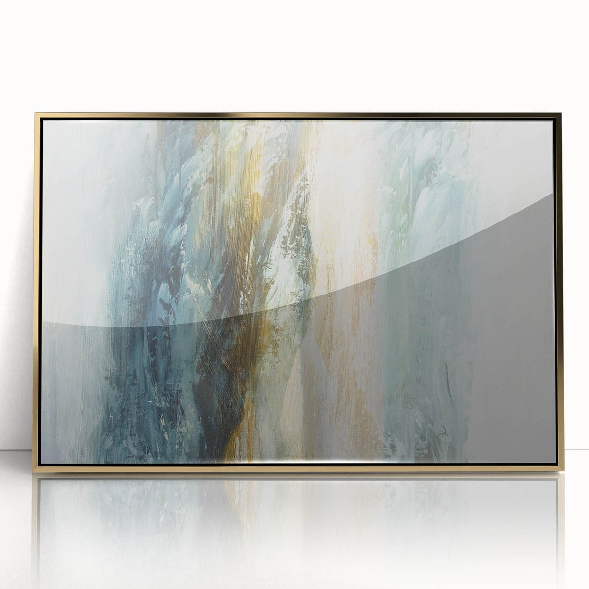 Abstract landscape wall art featuring vibrant gold accents in a sleek frame, ideal for modern decor, showcasing a dramatic interplay of colors and textures.