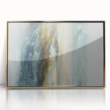 Abstract landscape wall art featuring vibrant gold accents in a sleek frame, ideal for modern decor, showcasing a dramatic interplay of colors and textures.
