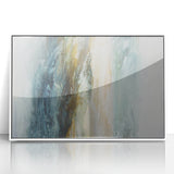 Framed acrylic wall art depicting an abstract landscape in calming hues of blue and white, ideal for modern home decor, enhancing any living space.
