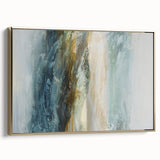 Framed abstract landscape wall art showcasing vibrant gold and earthy tones, displayed from a side view to highlight depth and texture, perfect for modern decor.