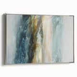 Framed abstract landscape wall art featuring silver accents, showcasing a serene nature scene with soft colors and organic shapes, ideal for modern decor.