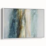 Framed abstract landscape wall art in a minimalist white frame, showcasing soft earth tones and fluid shapes, ideal for modern home decor.