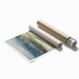 Abstract landscape wall art print featuring vibrant blues and greens, showcasing flowing shapes and textures, ideal for modern home decor. Rolled for easy shipping.