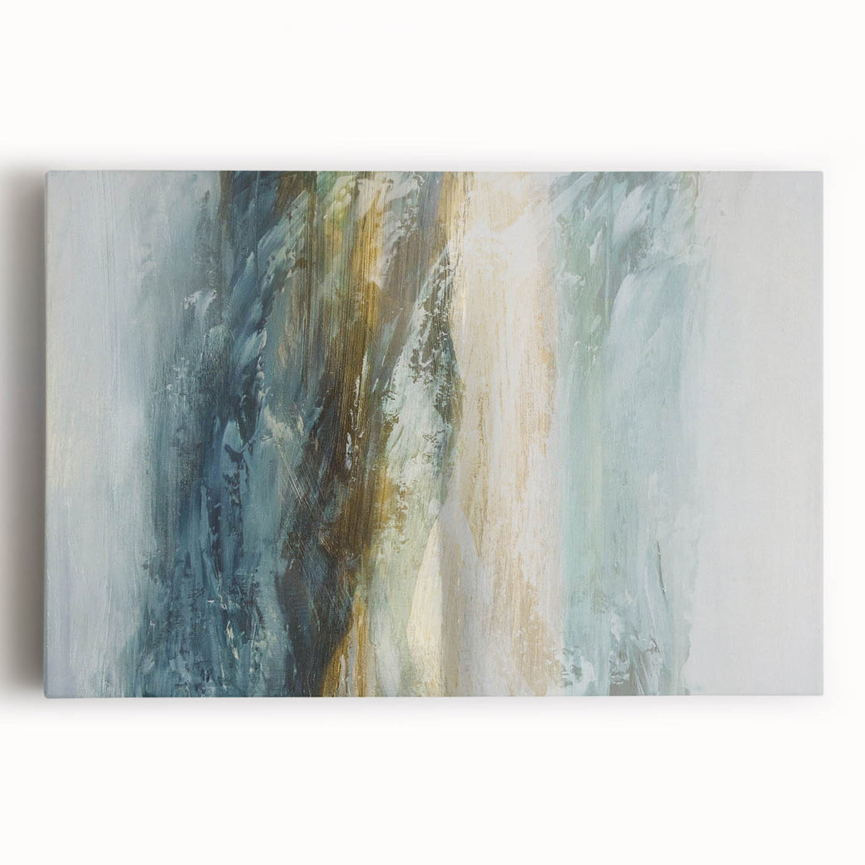 Abstract landscape wall art on stretched canvas showcasing vibrant colors and dynamic shapes, ideal for modern home decor. This artwork adds a contemporary touch to any living space, enhancing visual appeal with its unique design.