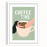 Abstract art print featuring swirling shades of blue and white, framed in white, ideal for dining room decor.