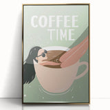 Large art print of a mid-century modernist food and drinks theme in gold tones on framed acrylic.