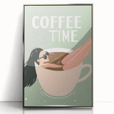 Mid-century modernist art depicting food and drinks in muted colors, framed in silver acrylic, suitable for nursery wall art.