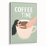 Vintage poster art of colorful food and drinks on a large framed canvas, ideal for living room decor.