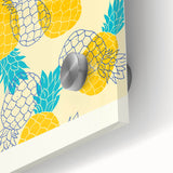 Large abstract wall art featuring assorted fruits in vibrant colors on acrylic glass, suitable for dining room decor.