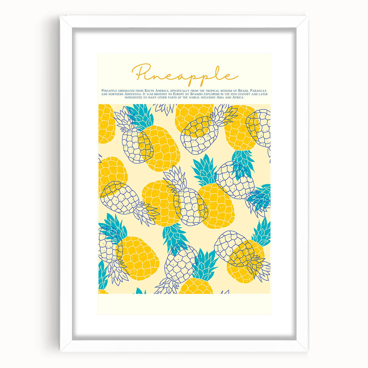 Abstract art print featuring an assortment of fruits in vibrant colors on a white framed canvas, ideal for dining room decor.