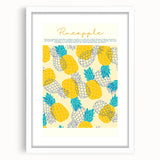 Abstract art print featuring an assortment of fruits in vibrant colors on a white framed canvas, ideal for dining room decor.