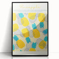 Large abstract wall art featuring assorted fruits in bold colors on a black acrylic framed print.